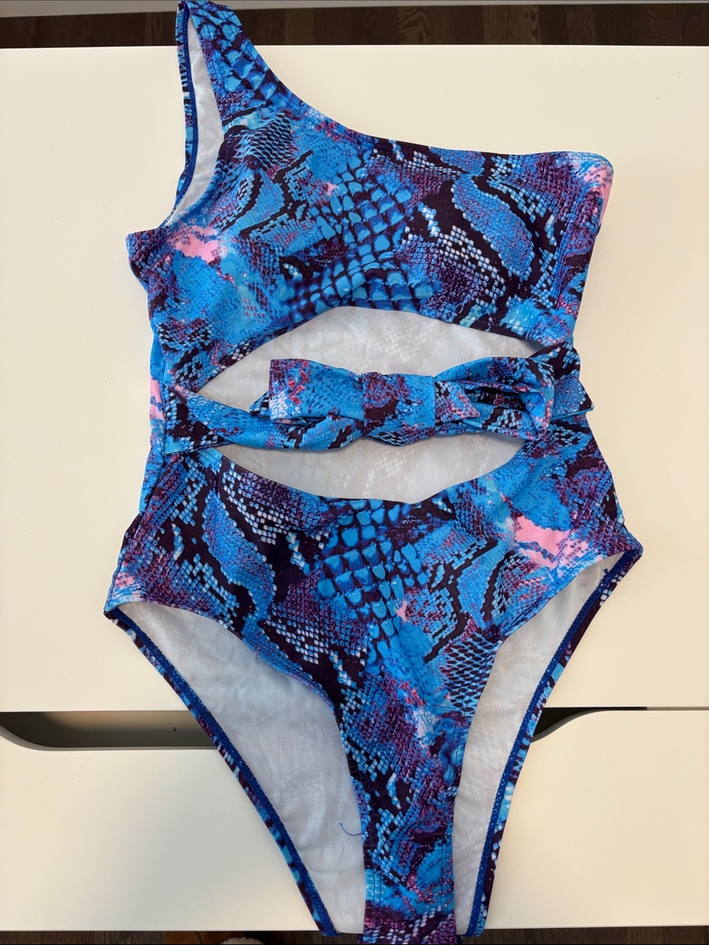 Blue Snake-Print One-Shoulder Swimsuit